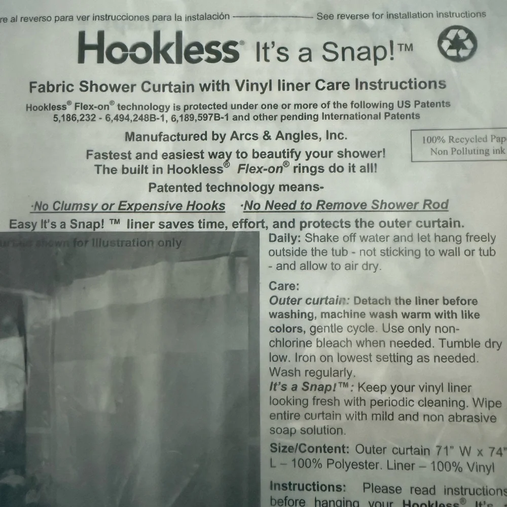 Hookless Its A Snap Fabric Shower Curtain 2 Vinyl‎ Liners Beige New